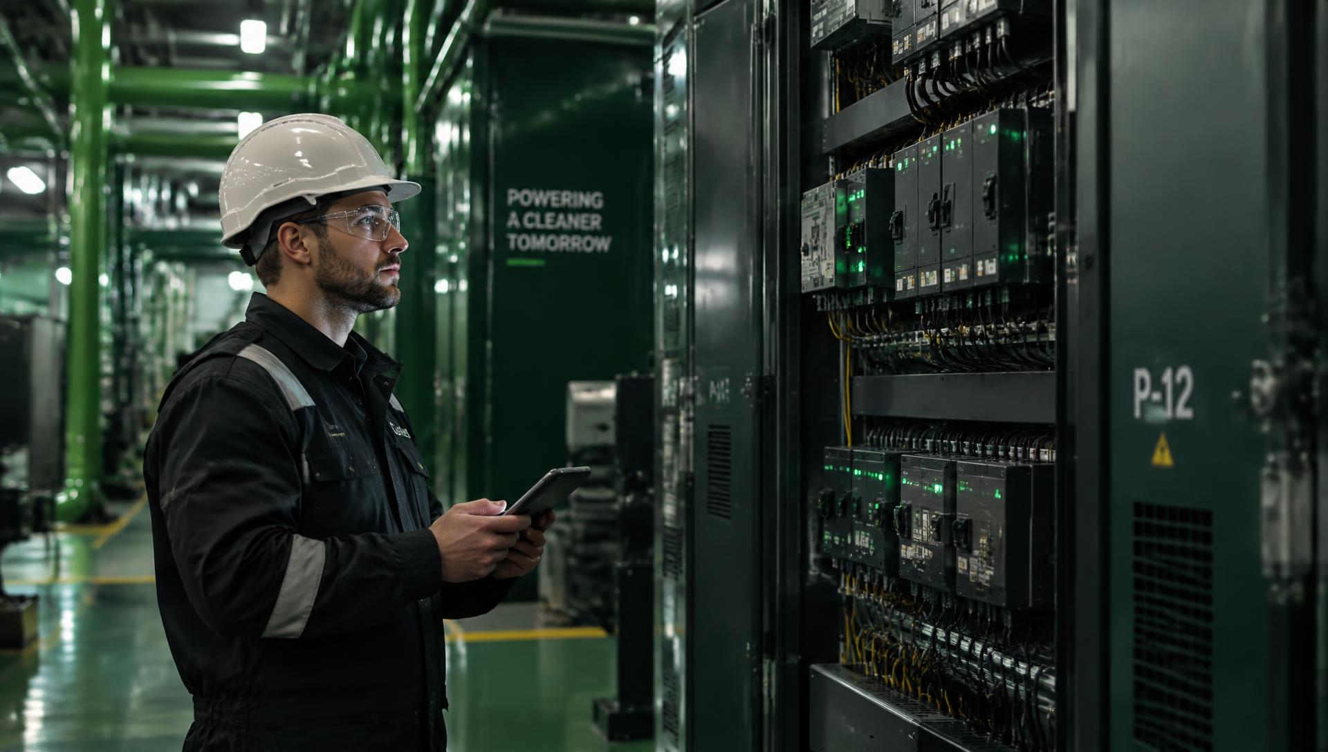 Engenheiro inspecionando painel elétrico industrial